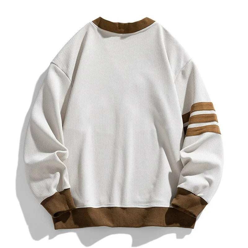 Men's Button-Up V-Neck Cardigan with Striped Sleeve in White, back view, flat lay