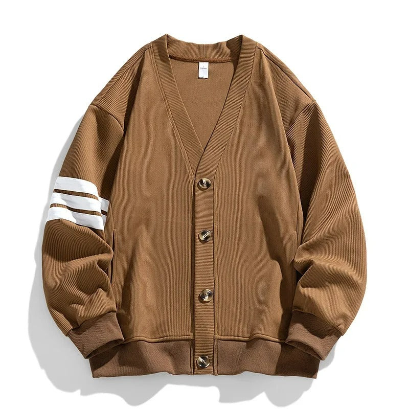 Men's Button-Up V-Neck Cardigan with Striped Sleeve, product view