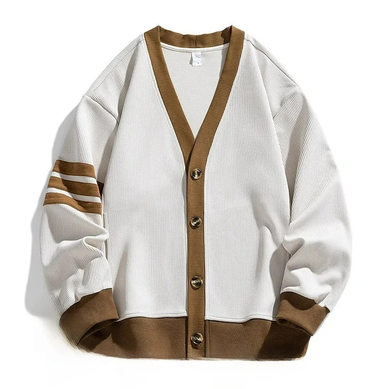 Men's Button-Up V-Neck Cardigan with Striped Sleeve in White, flat lay, front view
