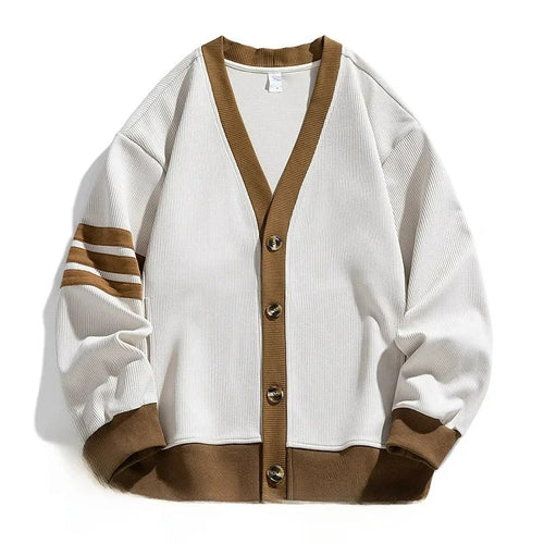 Men's Button-Up V-Neck Cardigan with Striped Sleeve in White, flat lay, front view