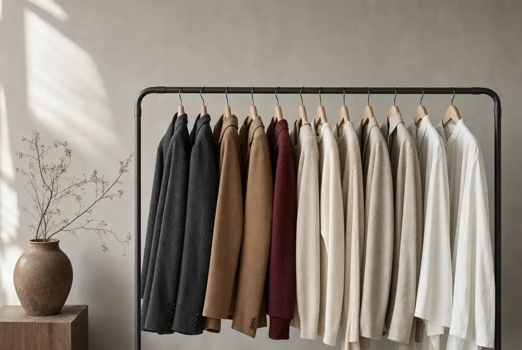Editorial atelier scene with a clothing rail of curated garments in charcoal, camel, cream and burgundy on wooden hangers
