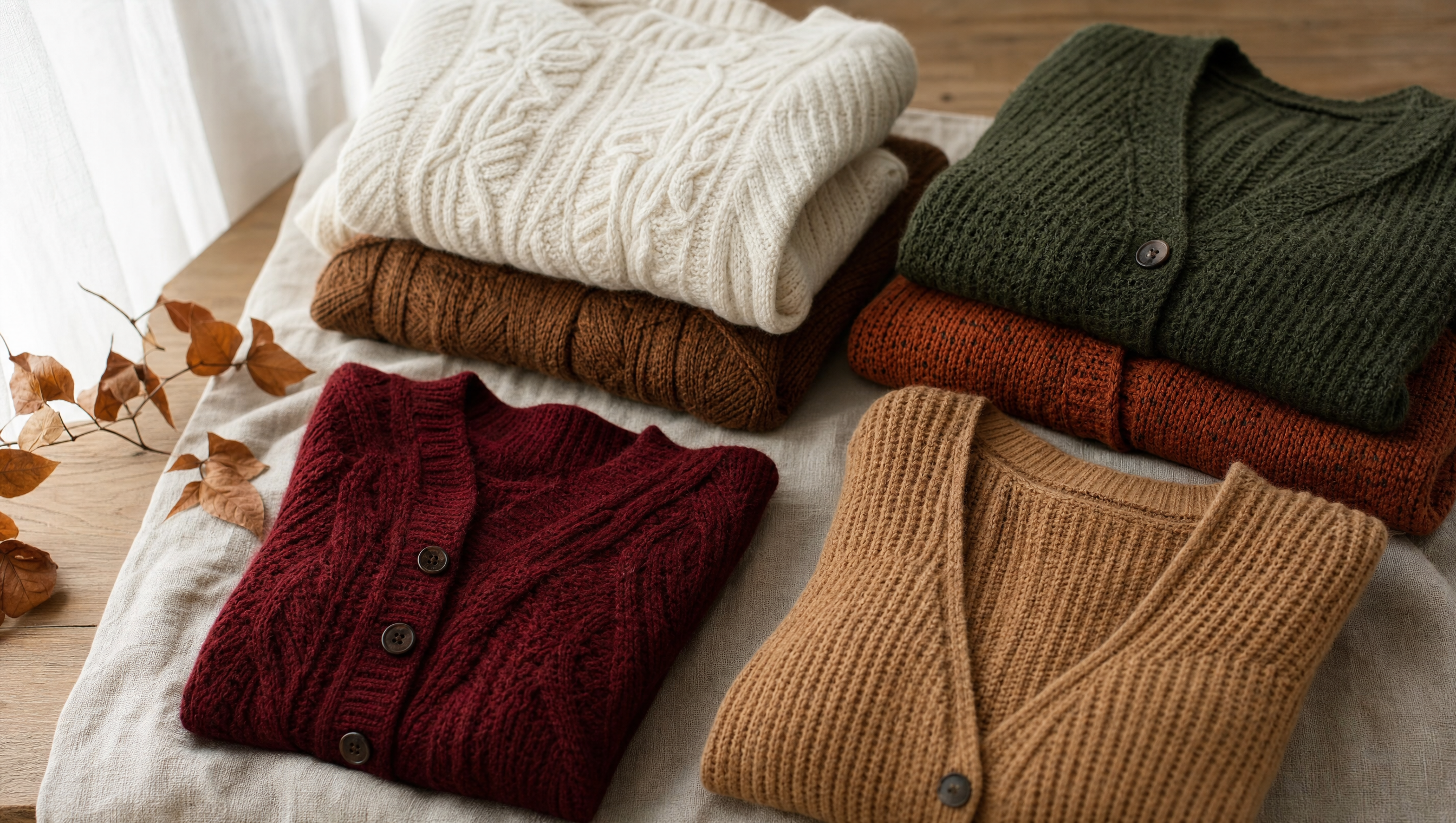 Neatly folded autumn knitwear — sweaters and cardigans in cream, camel, rust, forest green and crimson on linen and wood