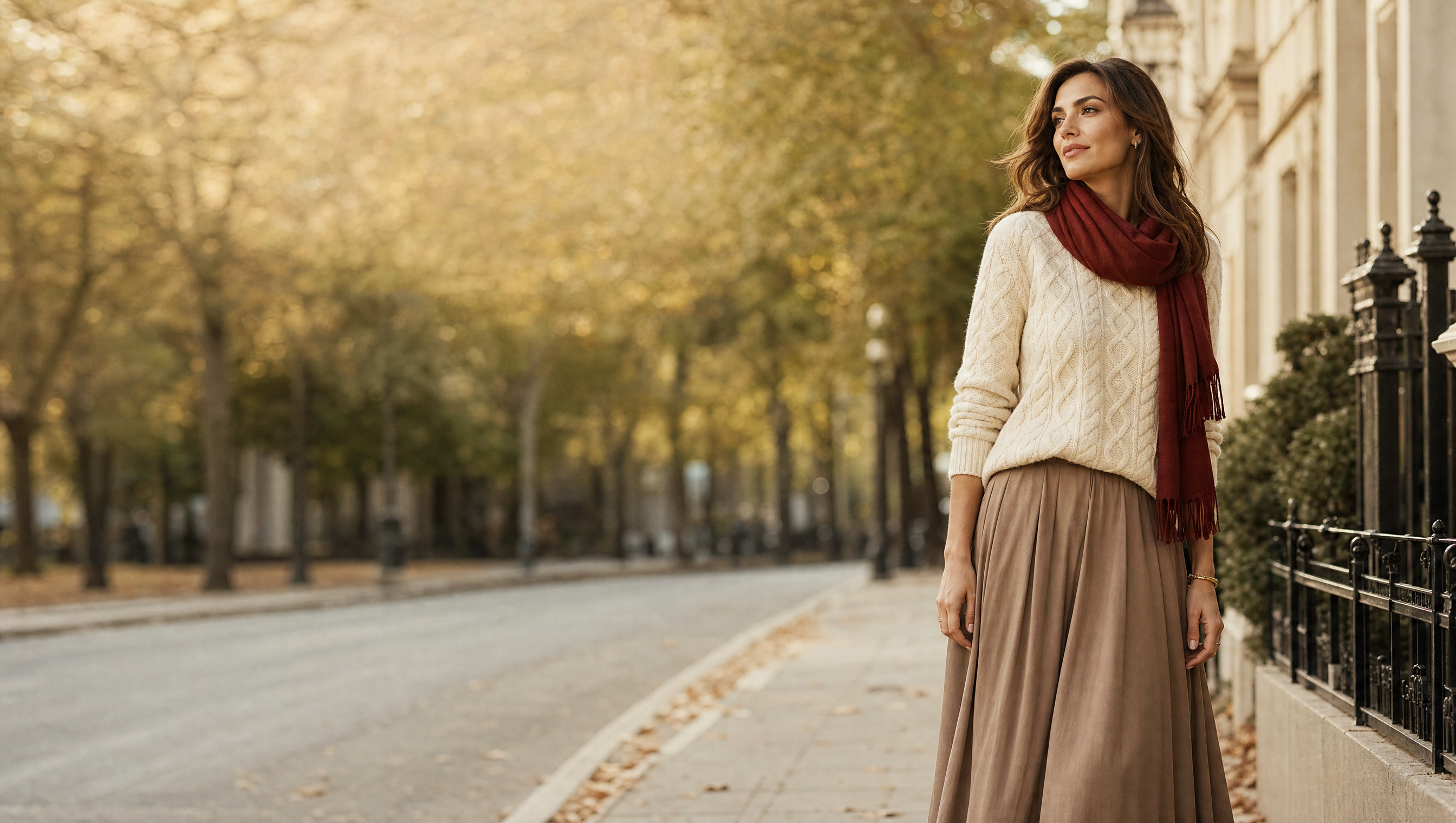 Woman in a cream cable-knit sweater, taupe midi skirt and deep red scarf on a quiet autumn city street