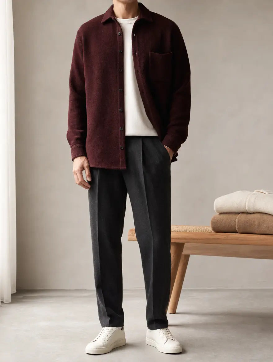 Editorial studio portrait of a man in a burgundy overshirt and charcoal trousers with white sneakers, framed from the chin down