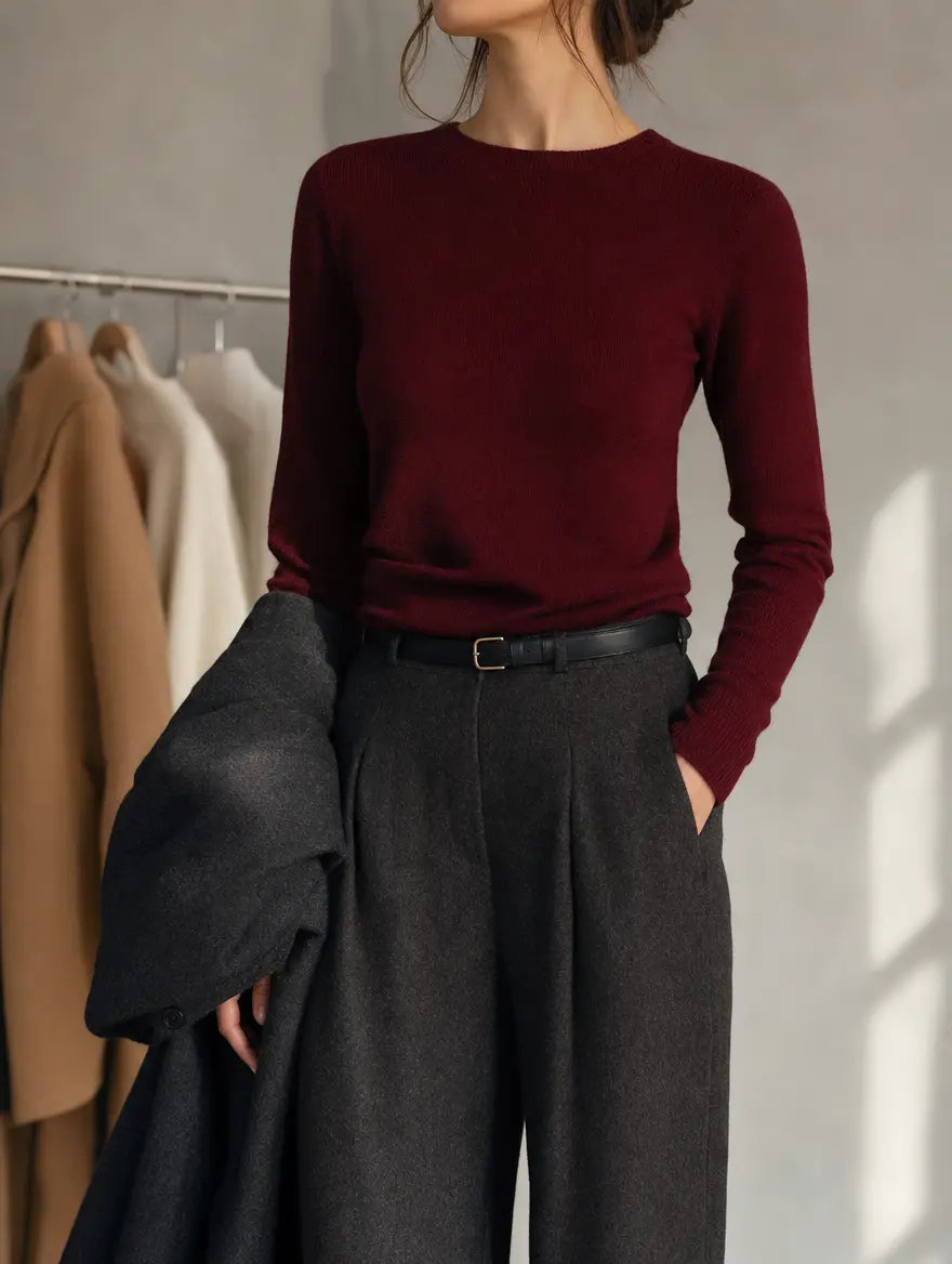 Editorial studio portrait of a woman in a burgundy knit sweater with a charcoal coat over her arm, framed from the chin down