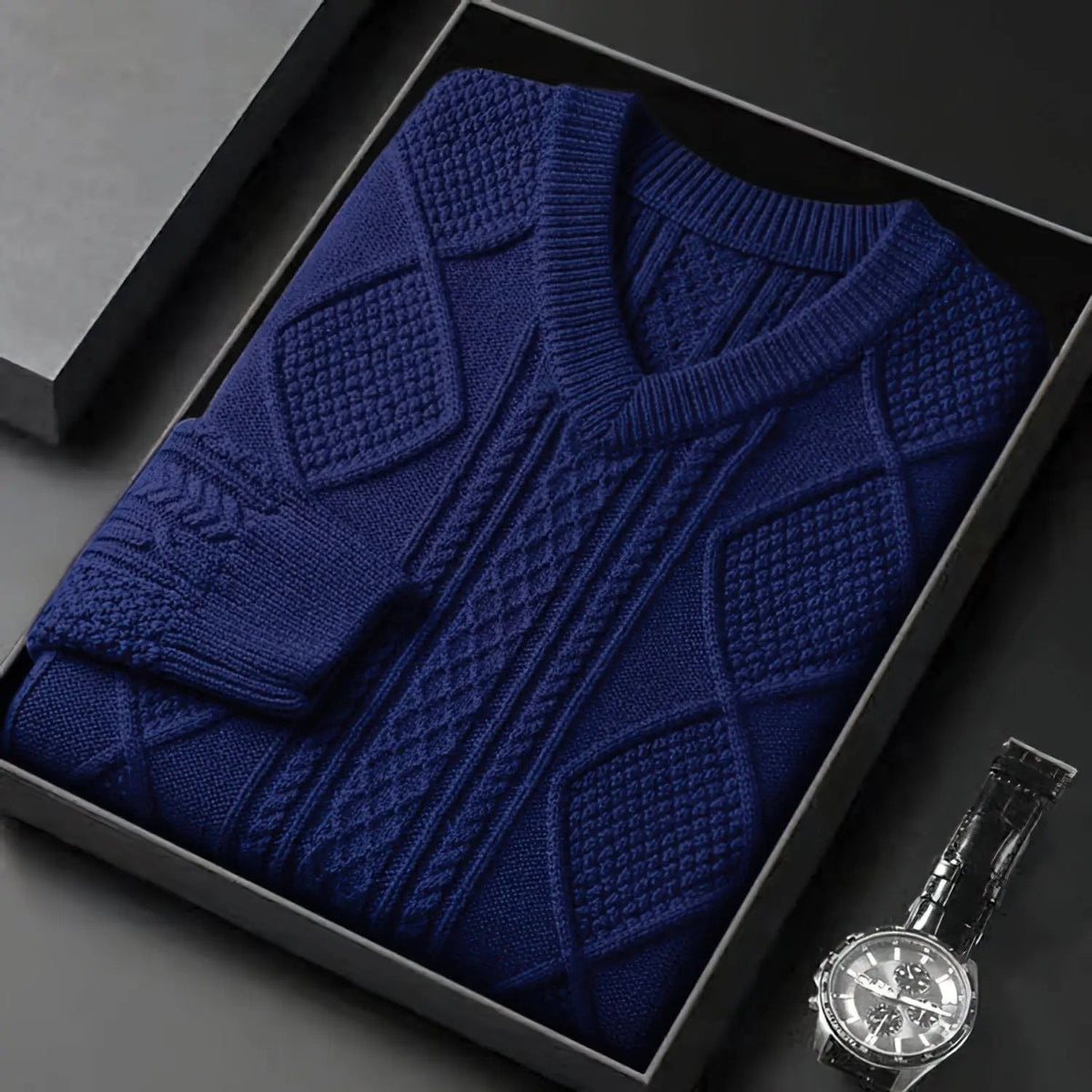 Varia Apparel - Men's Cable Knit V-Neck Sweater with Diamond Pattern - Product image 6