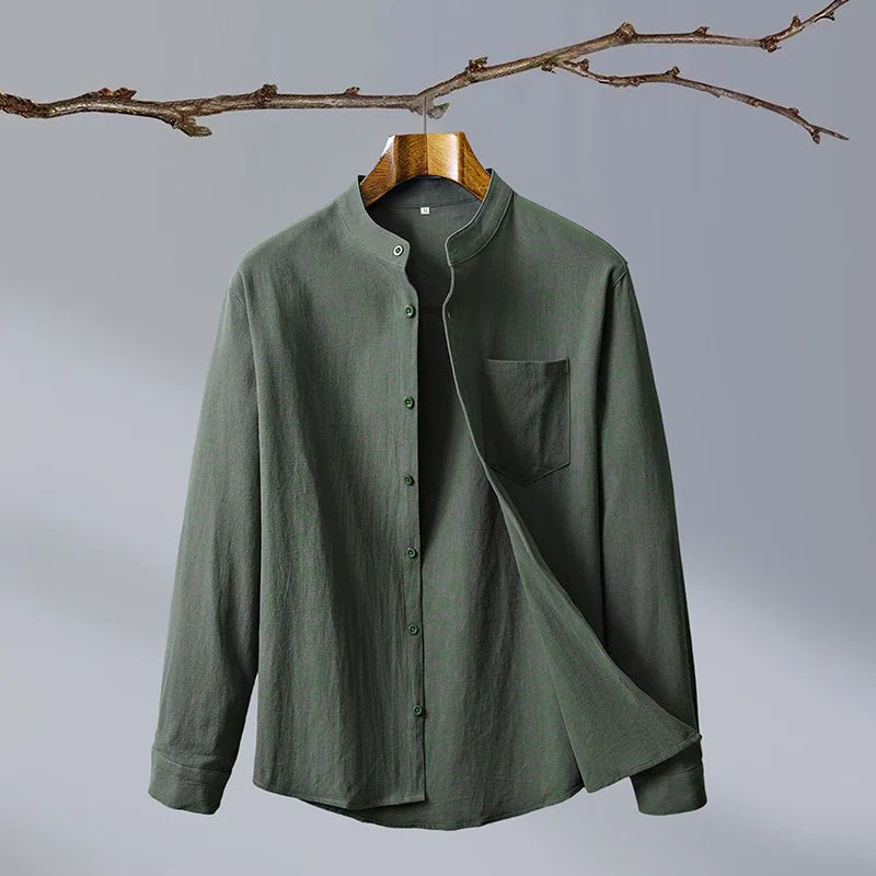 Men's Linen Band-Collar Shirt in Green