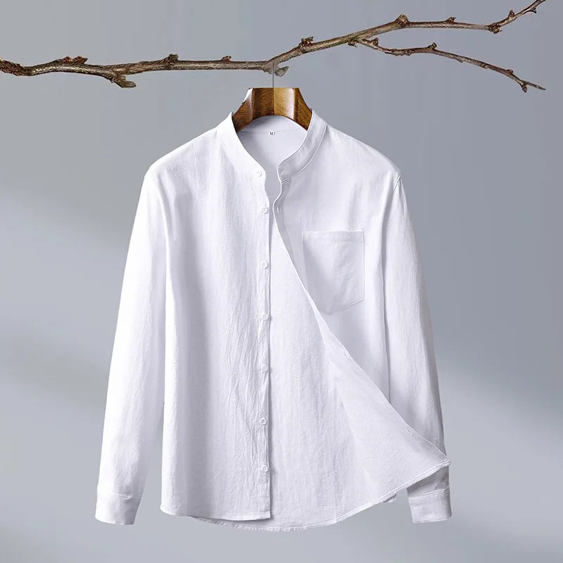 Men's Linen Band-Collar Shirt in White
