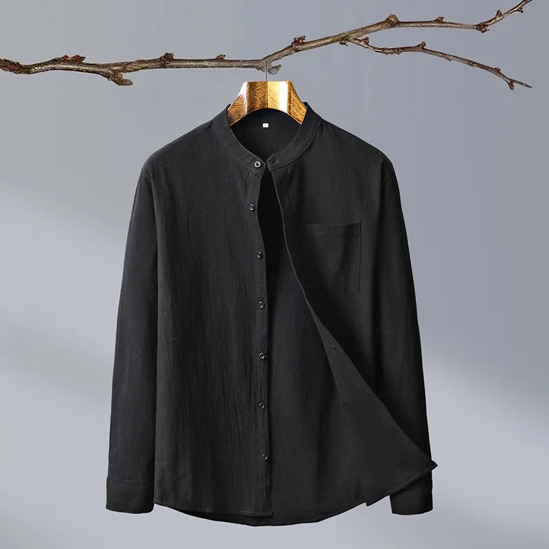 Men's Linen Band-Collar Shirt in Black