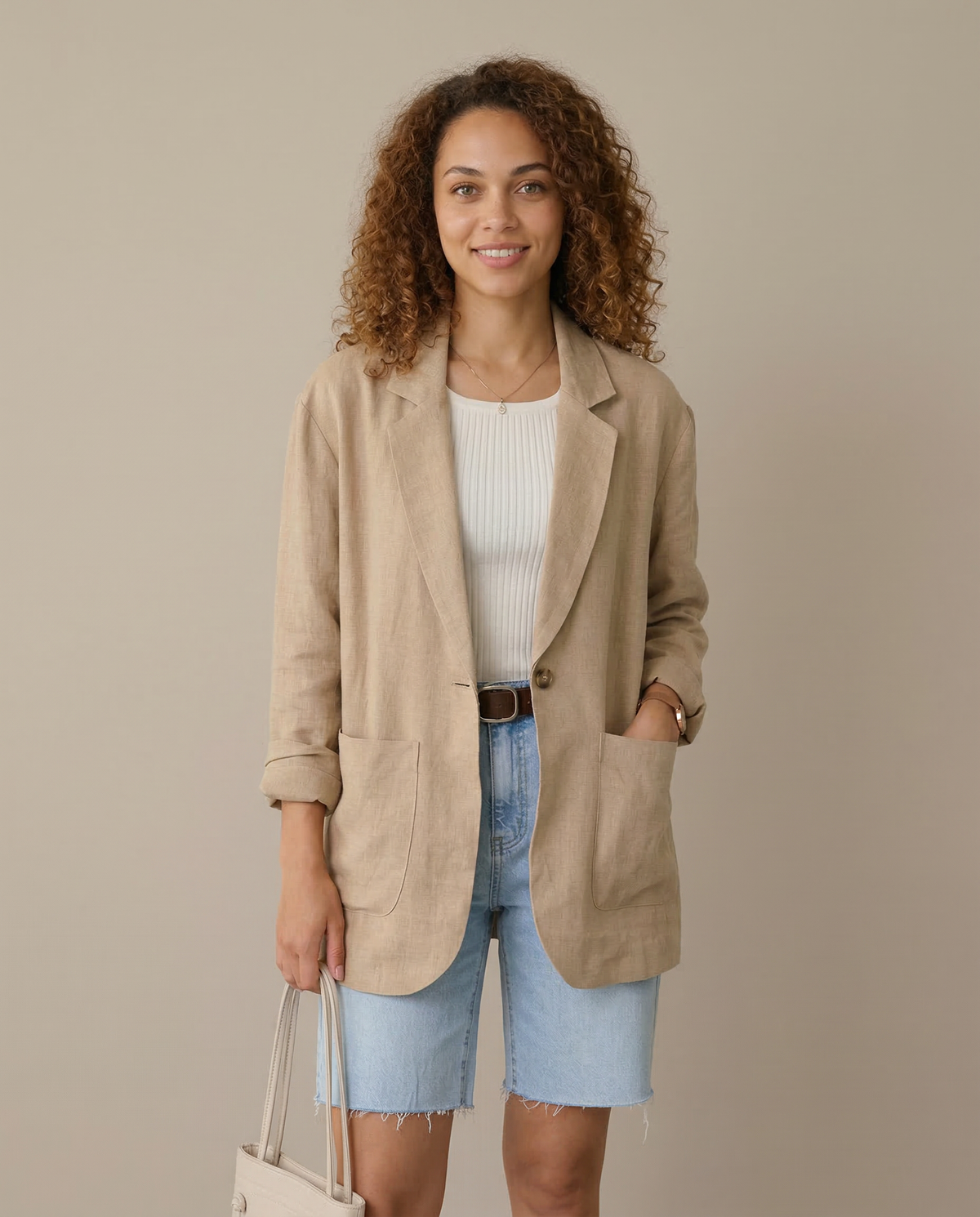 Women's Herringbone Linen Blazer in Khaki