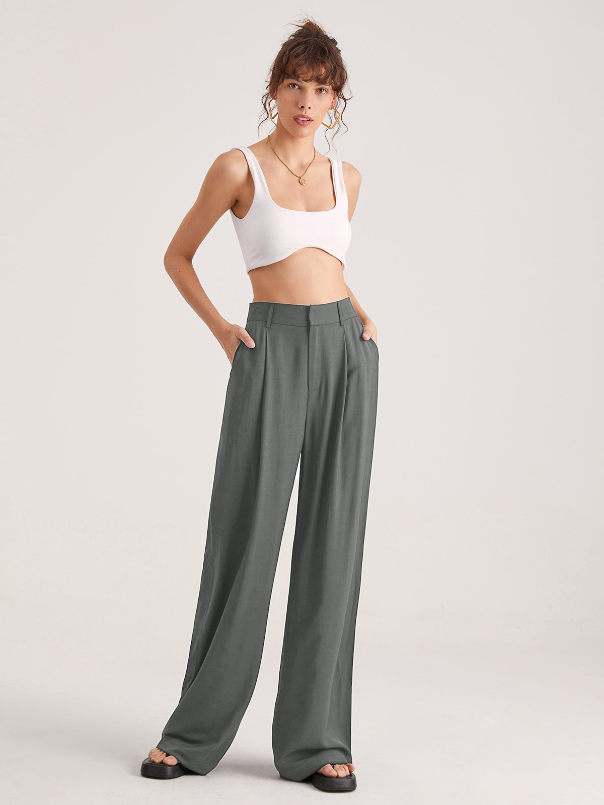 Women's High-Waisted Wide-Leg Trousers in Gray