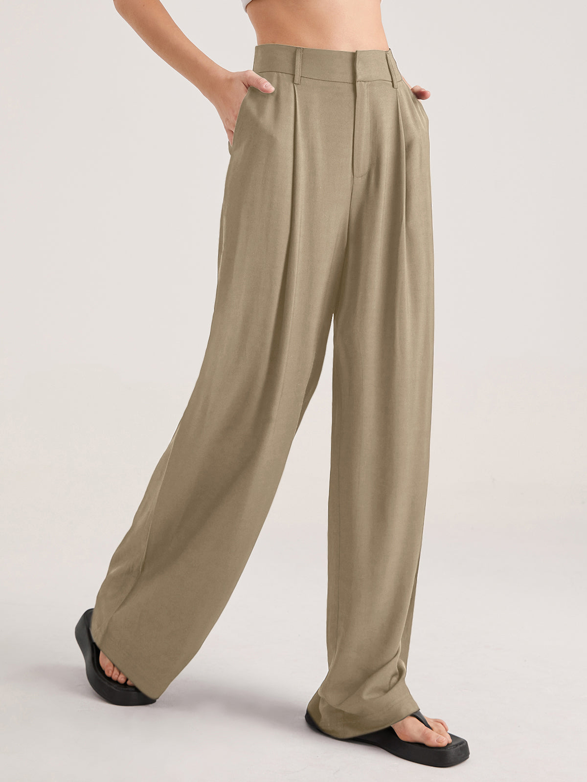 Women's High-Waisted Wide-Leg Trousers in Beige
