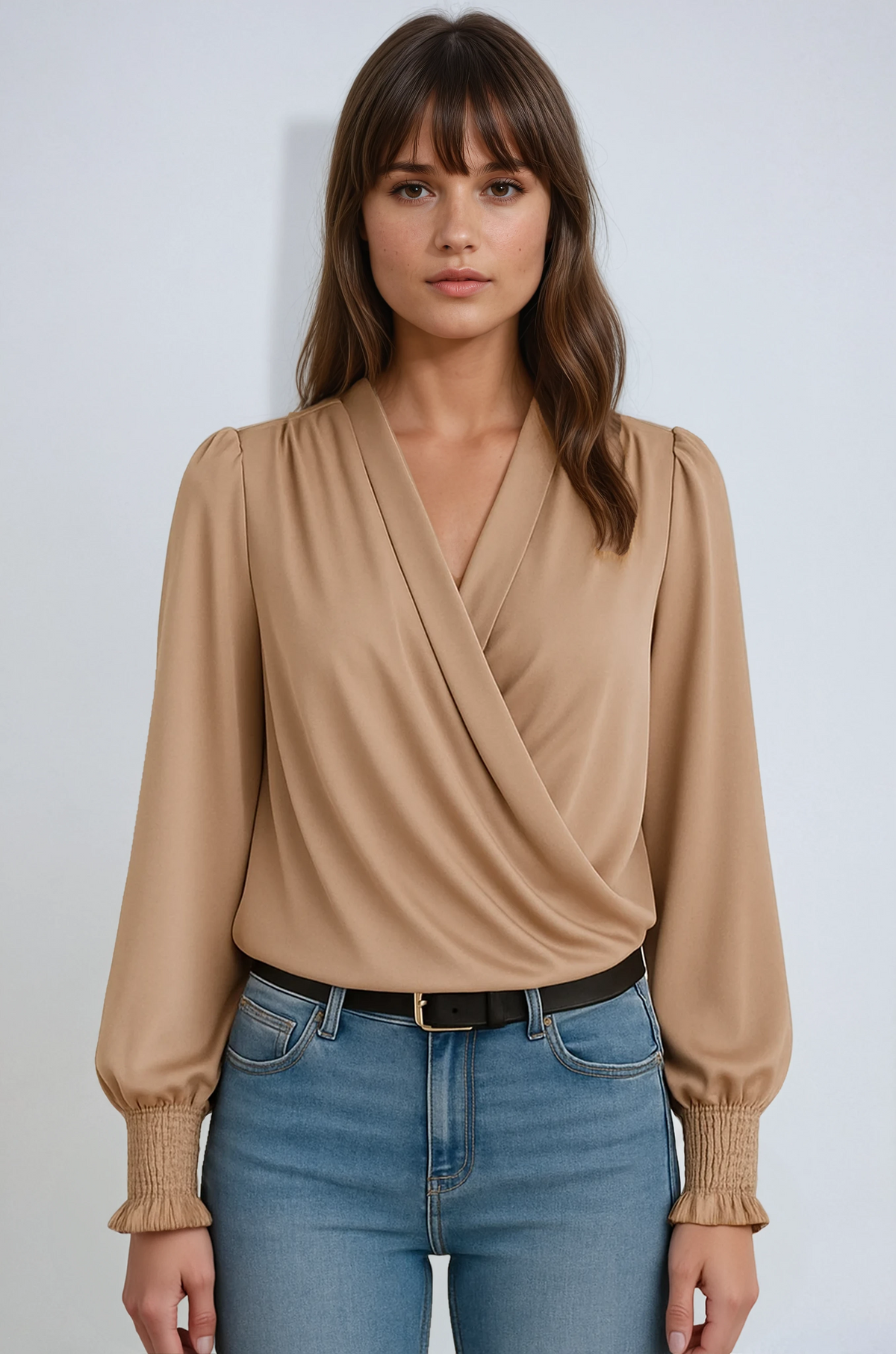 Women's Long-Sleeve Wrap Blouse in Beige