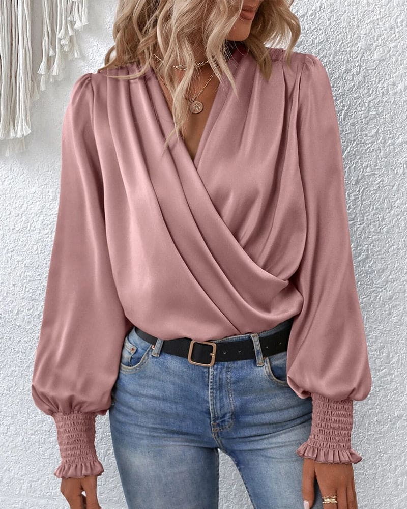 Women's Long-Sleeve Wrap Blouse in Pink
