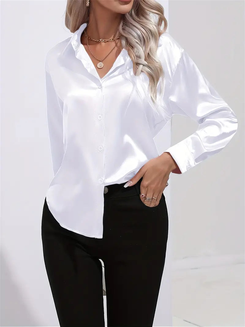 Women's Satin Button-Down Blouse in White