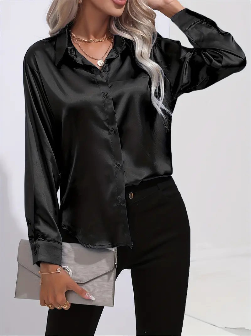 Women's Satin Button-Down Blouse in Black