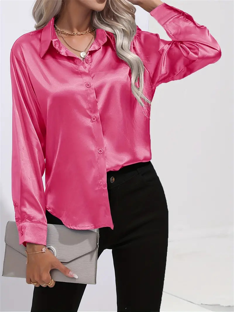 Women's Satin Button-Down Blouse in Dark Red