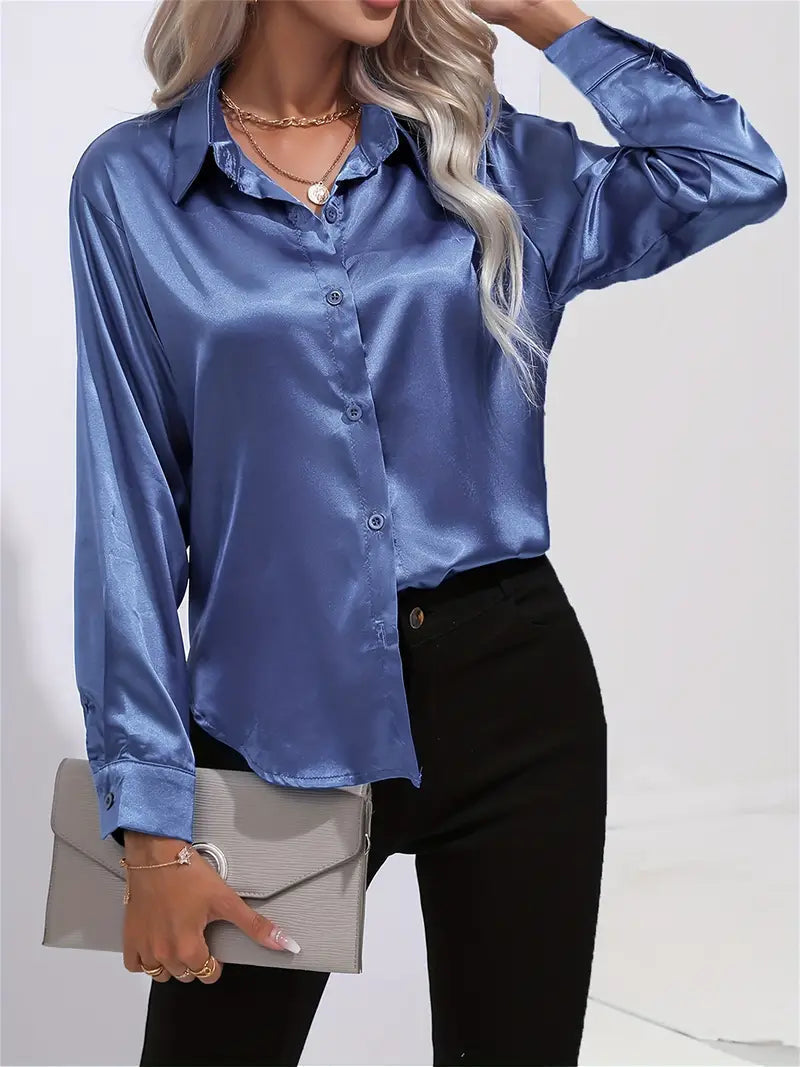 Women's Satin Button-Down Blouse in Azure
