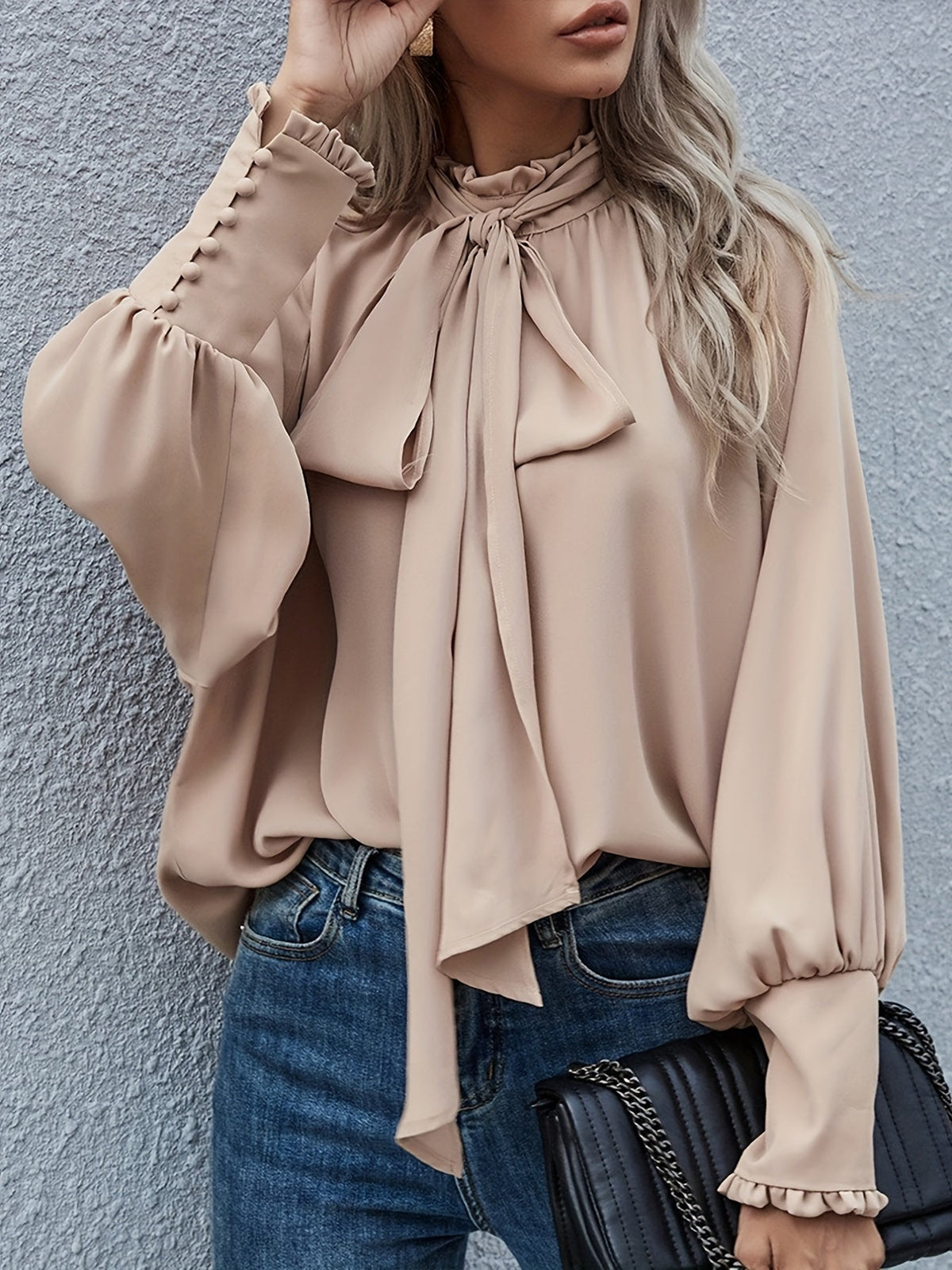 Women's Tie-Neck Blouse in Beige