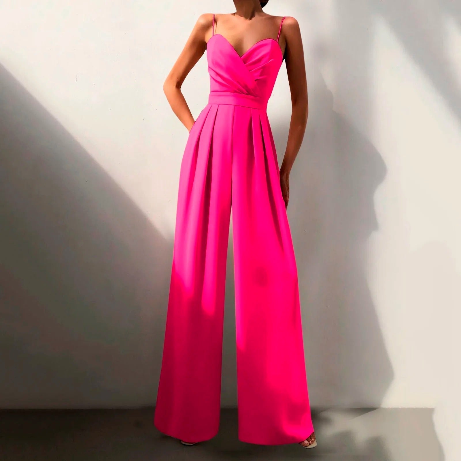 Women's Wide-Leg Spaghetti Strap Jumpsuit with Pleated Front