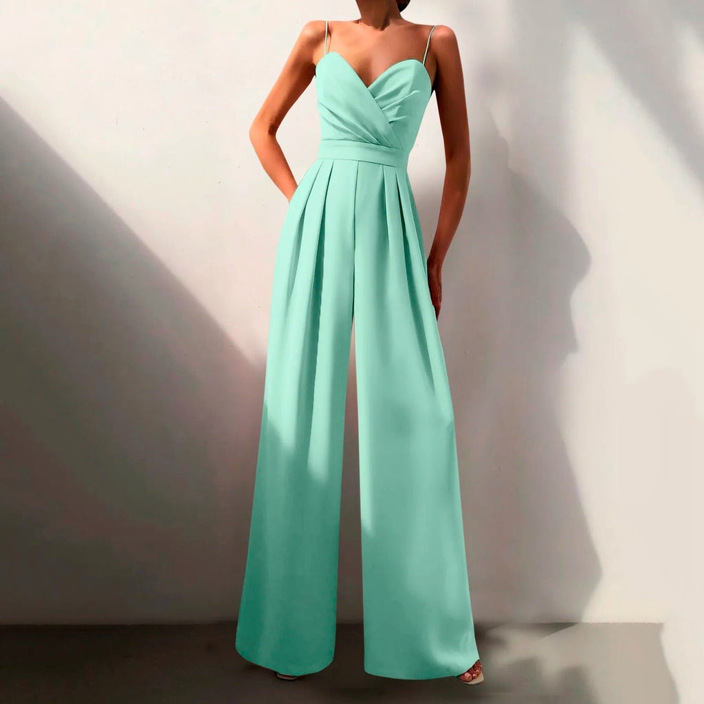 Women's Wide-Leg Spaghetti Strap Jumpsuit with Pleated Front