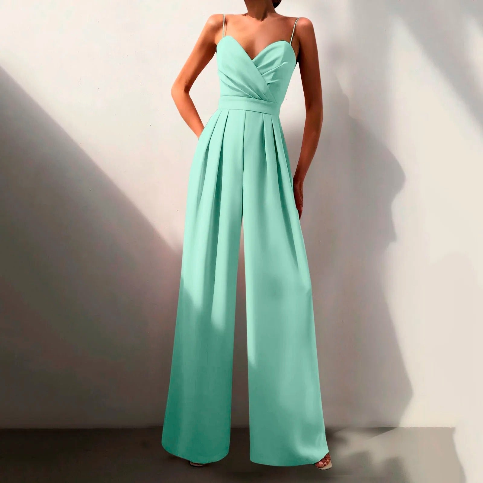 Women's Wide-Leg Spaghetti Strap Jumpsuit with Pleated Front