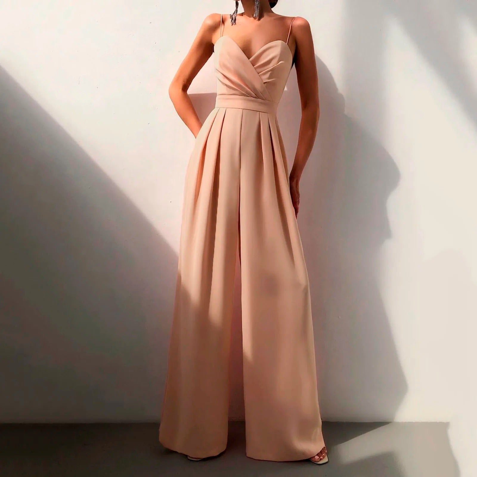 Women's Wide-Leg Spaghetti Strap Jumpsuit with Pleated Front