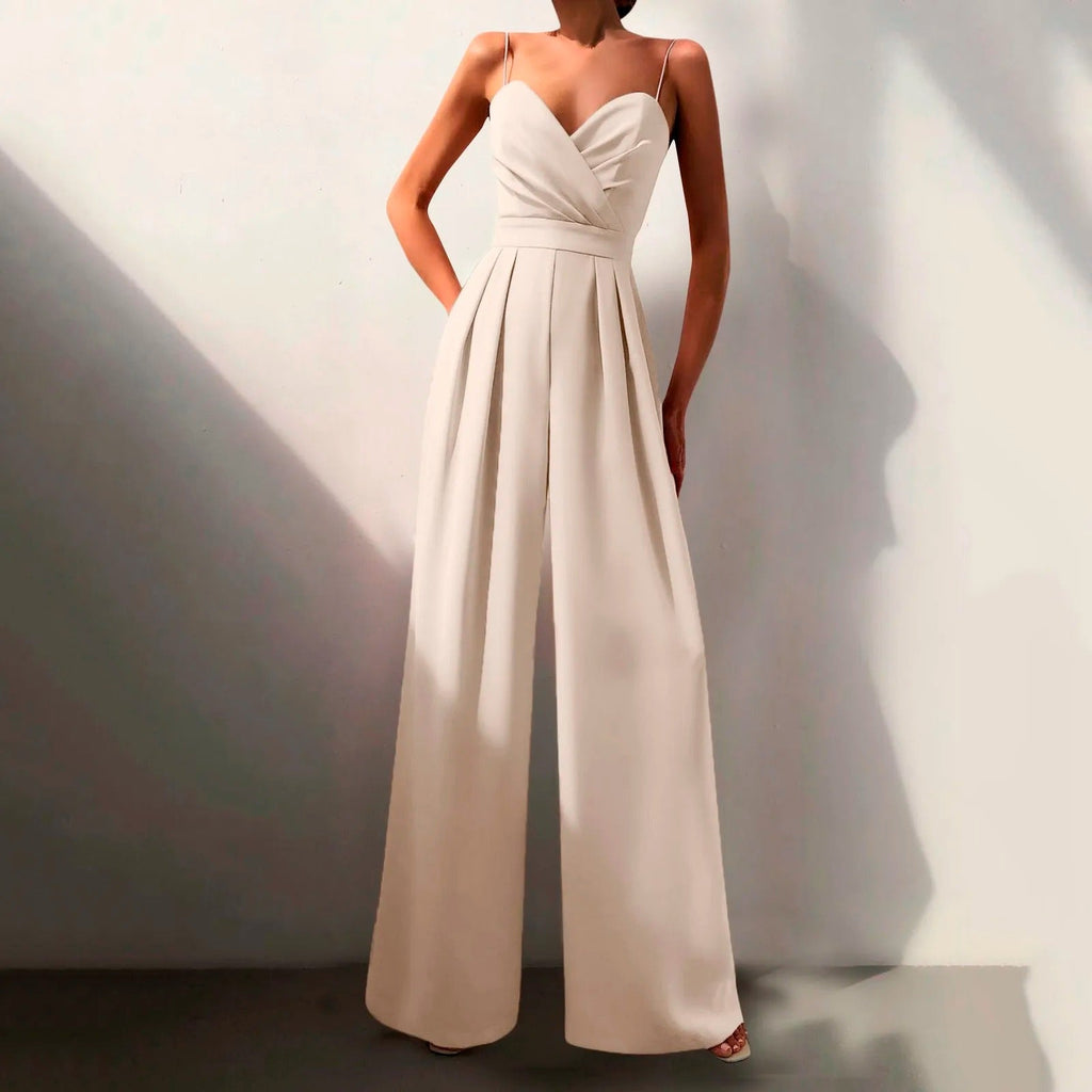Women's Wide-Leg Spaghetti Strap Jumpsuit with Pleated Front