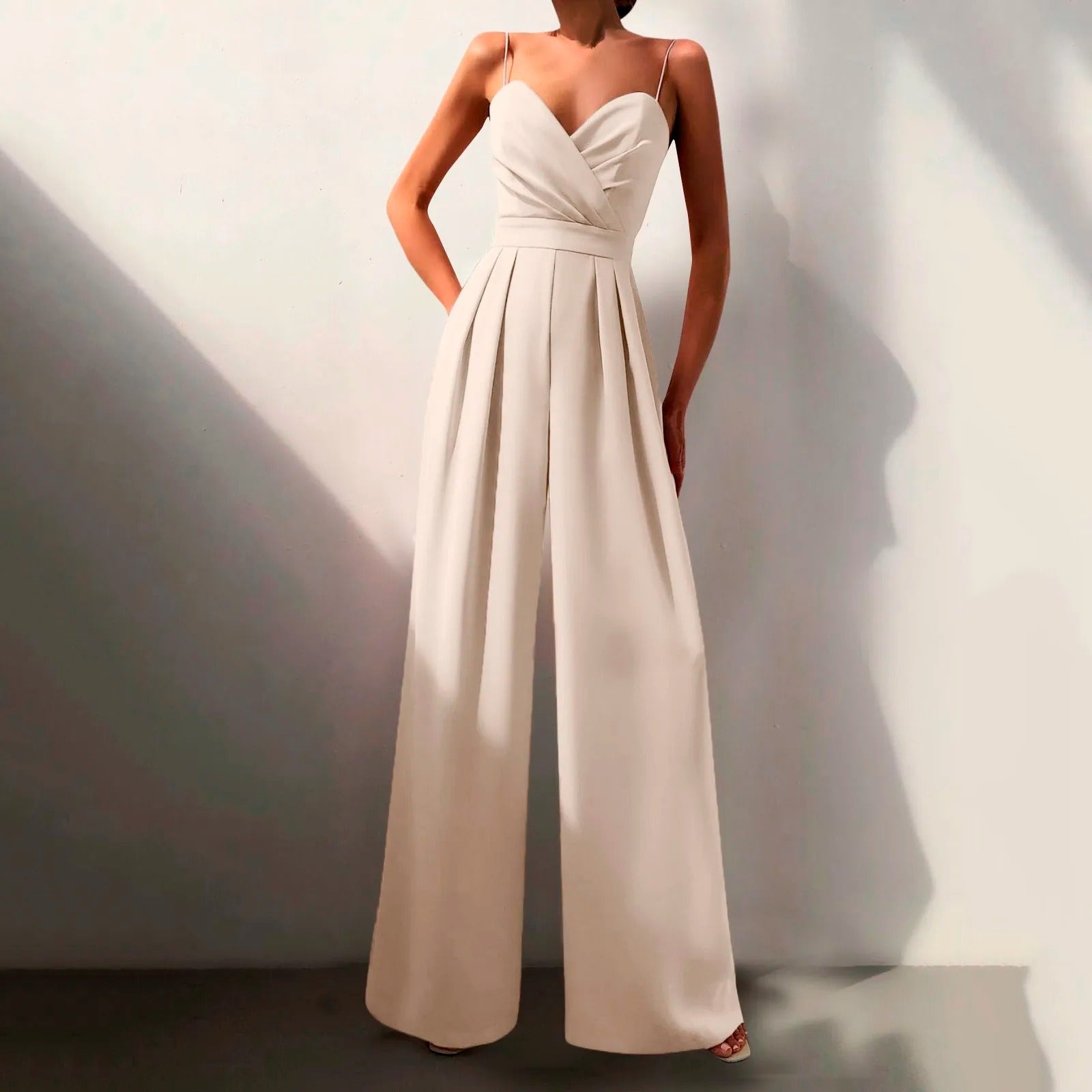 Women's Wide-Leg Spaghetti Strap Jumpsuit with Pleated Front