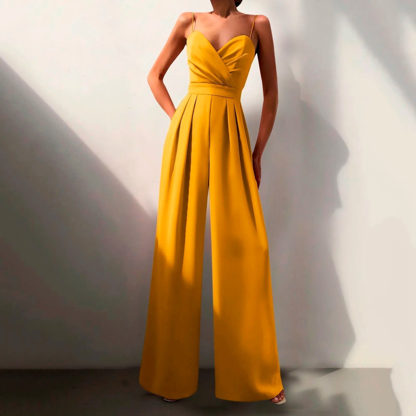Women's Wide-Leg Spaghetti Strap Jumpsuit with Pleated Front